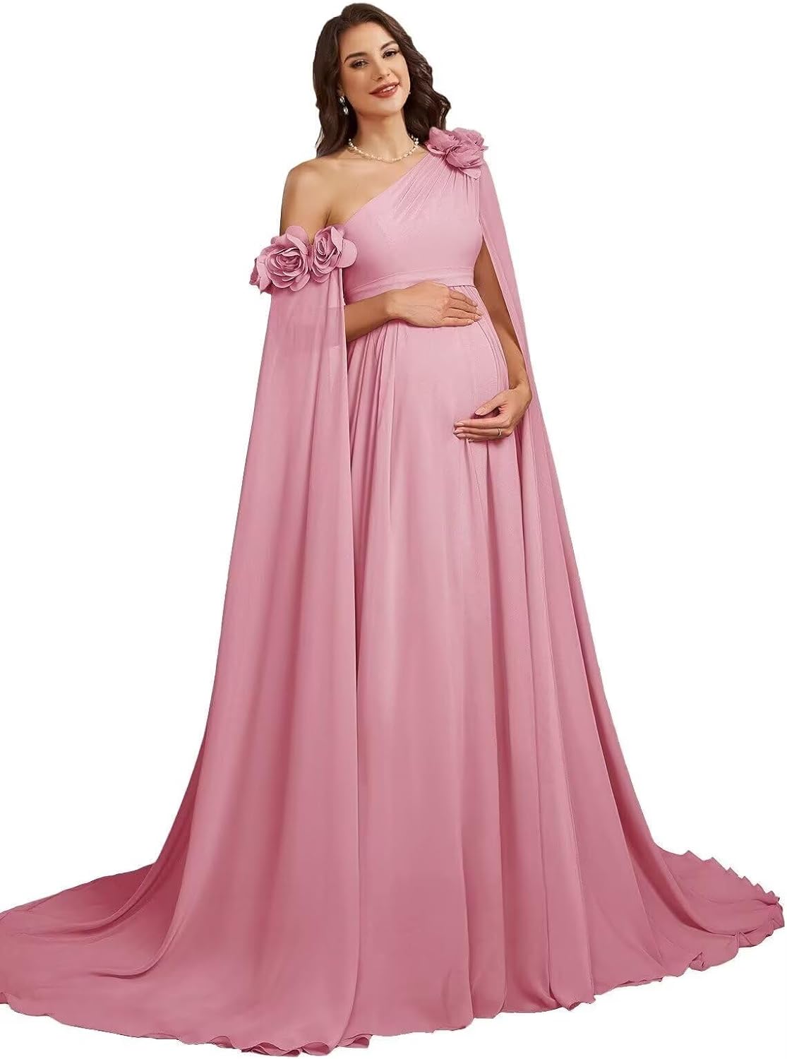 One Shoulder Chiffon Maternity Dresses for Photoshoot Cape Sleeve 3D Floral Long Photography Baby Shower Dress