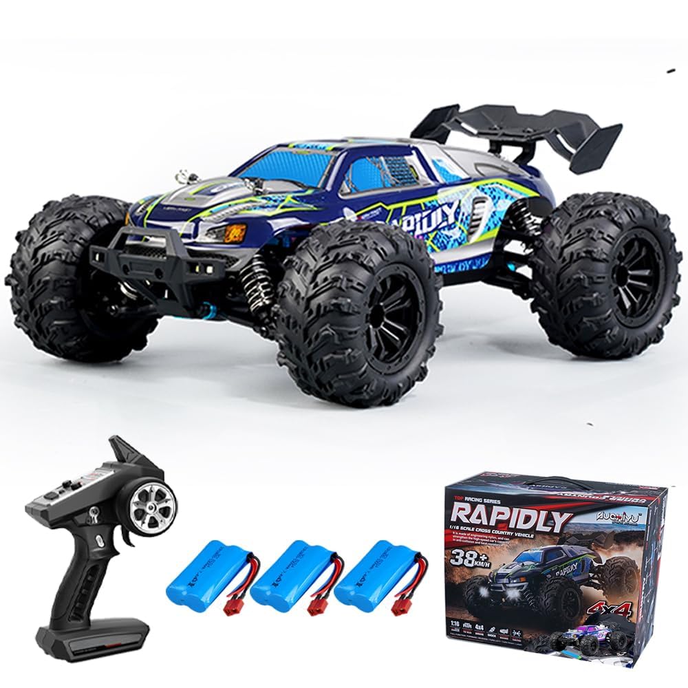 Zdalnie sterowany samochód 1/16, 50 km/h, RC, wysoka prędkość, Offroad Drift, silnik ze szczotką węglową 2,4 G, silnik 4WD Off Road Race Buggy, 3 baterie 16101 (niebieski)
