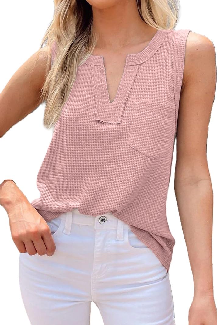 Woman Summer Fashion Waffle Tops for Woman Cami Deep V Neck Sleeveless Tops Womens Casual top