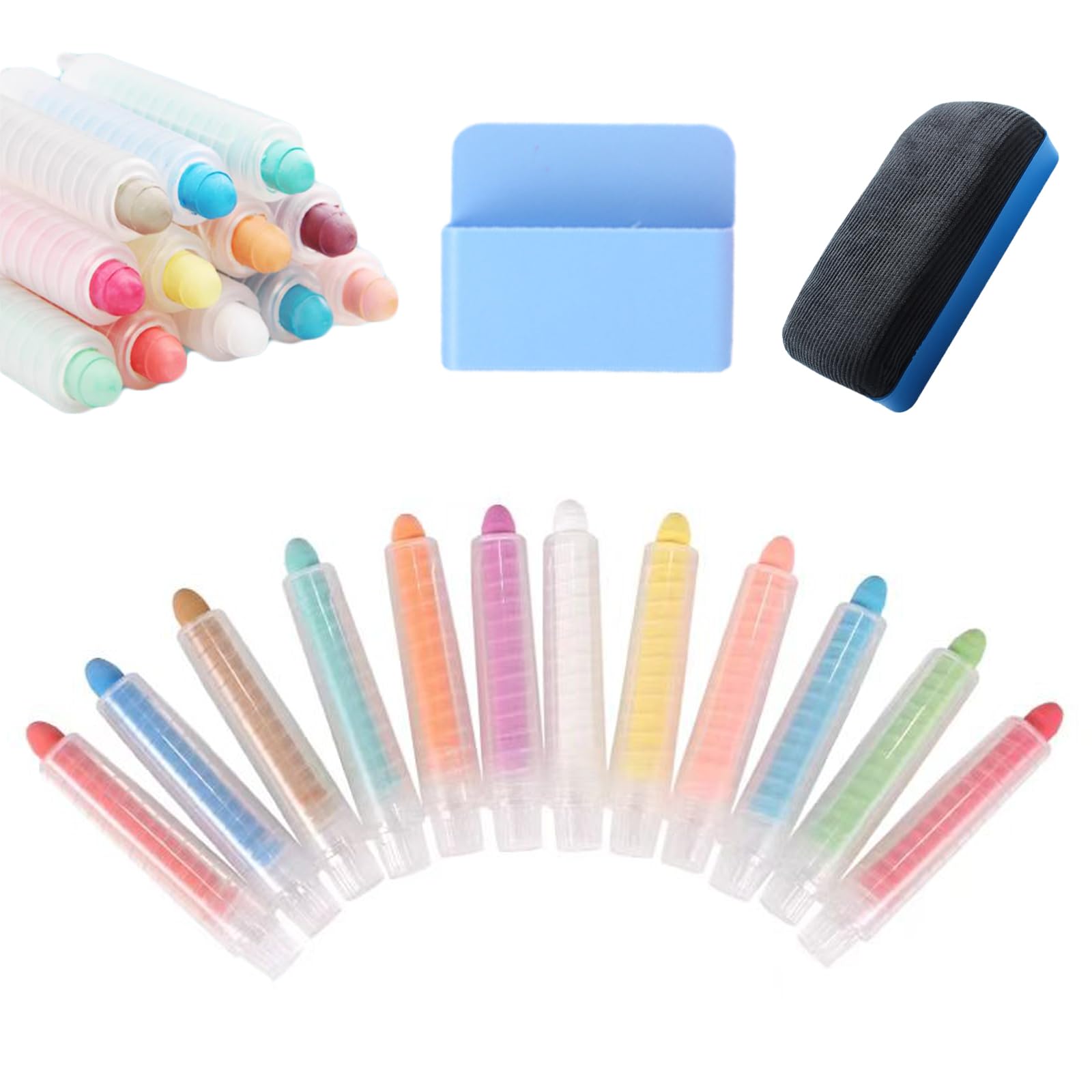 Lote de 12 lápices de tiza de color sin polvo para niños, tiza lavable no tóxica, con 1 soporte magnético para tizas y 1 borrador para pizarra negra y herramientas de escritura