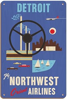 Detroit Michigan - Motown Motor City - Fly Northwest Orient Airlines - Vintage Airline Travel Poster c.1950s - 8 x 12 inch Vintage Wood Art Sign