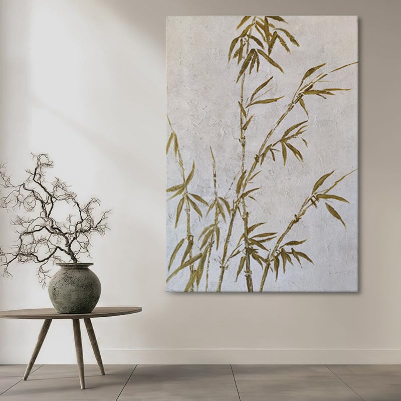 Peinture à l'huile bambou vert œuvre originale texturée 70x90cm