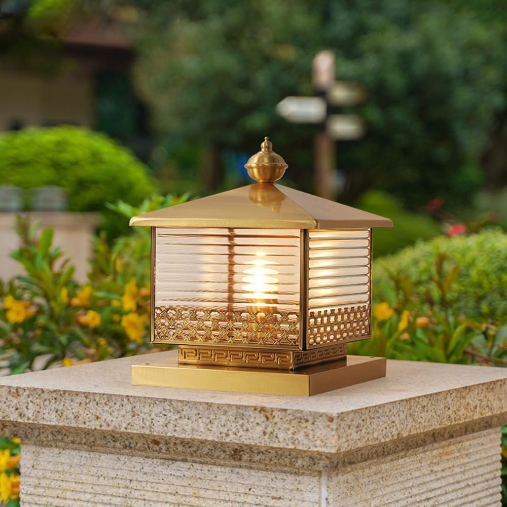 Copper Pier Mount Vintage Post Lamp Fence Post Deck Lighting High Voltage Wired Outdoor Post Lantern Courtyard Garden Fence Column Lamp Patio Pillar Lights Glass Deck Lighting
