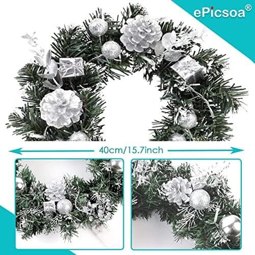 Christmas Wreath Garland for Front Door, 40cm Glowing Garland with Battery Operated String Lights for Xmas Wall Window Stairs Car Home Decor Door Decor (Silver)