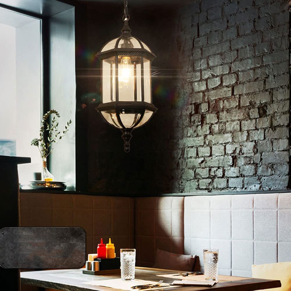 Lampy wiszące zewnętrzne w stylu europejskim, oprawa ganek czarny metal z przezroczystym szkłem wiszące światło zewnętrzne, regulacja wysokości do żyrandola altanka Interesting