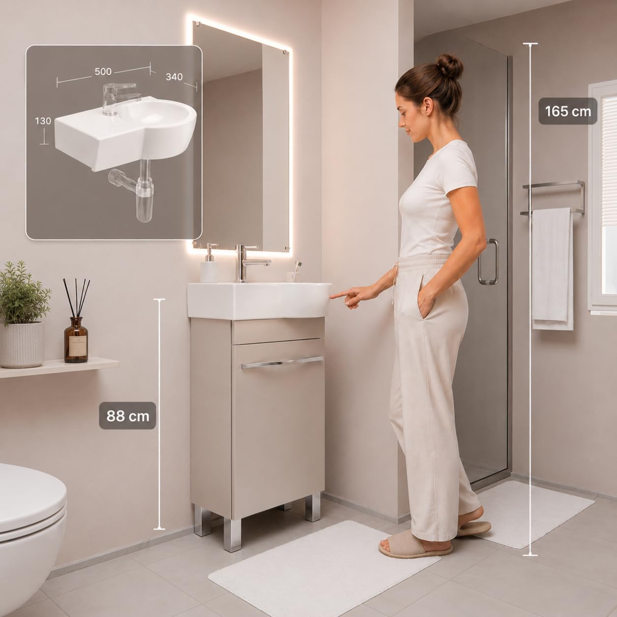 Lavabo con mobiletto da 50 cm di larghezza, mobiletto per lavabo Burgos con lavandino – Mobiletto da bagno, mobiletto da bagno (cashmere)