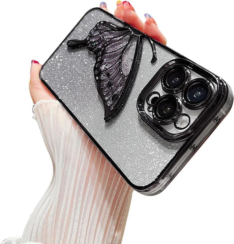 Image of MIDOS Thermoplastic Polyurethane Designed Compatible With iPhone 14 Pro Max Case With Glitter Cute Butterfly Plating Design Aesthetic Women Girls Cover For iPhone 14 Pro Max (Black)