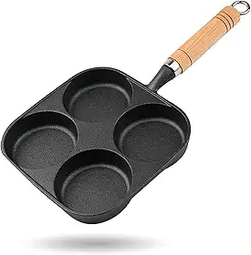 Frigideira de ovo de ferro fundido com 4 xícaras, frigideira doméstica de ferro fundido com cabo de madeira, hambúrguer de ovo, omelete, panqueca, frigideira, antiaderente de café da manhã para ovos,