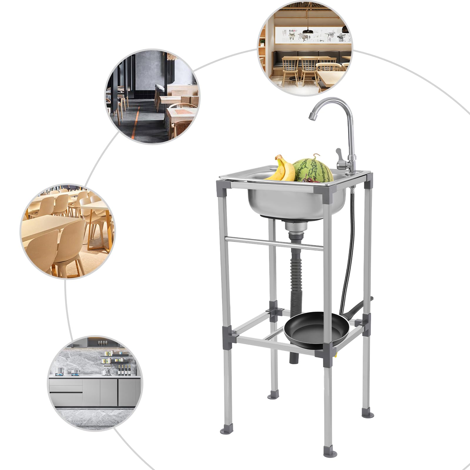 Lavabo indipendente in acciaio inox, lavandino da cucina mobile con rubinetto, per esterni, cortile, garage, campeggio (42 x 37 x 83 cm)