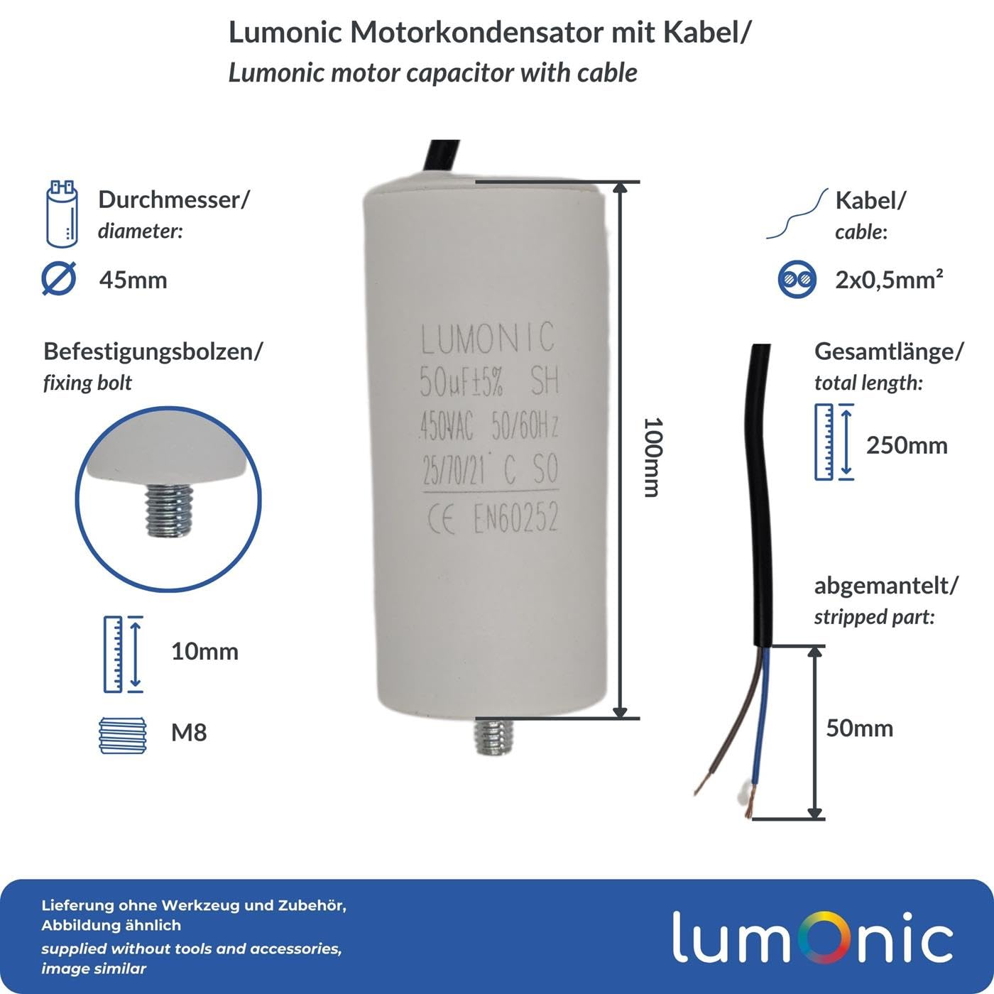 Image secondaire de Condensateur de démarrage Lumonic 50µF 450V pour moteurs et outils