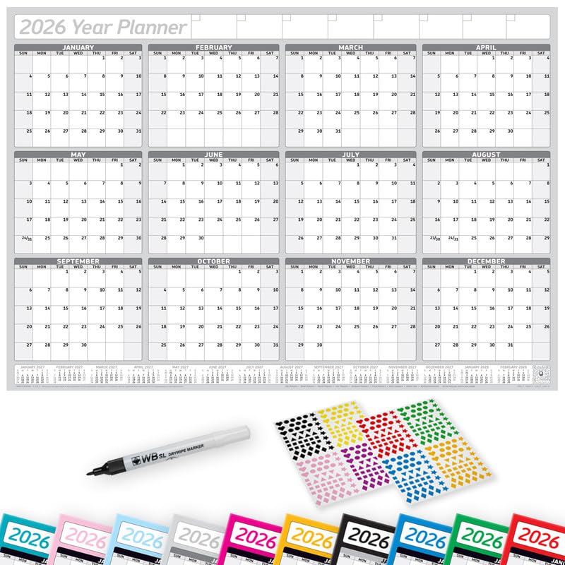PlannerHead 2026 Laminated Wall Planner Calendar Chart Poster/Yearly Calendar 2026 / Grid Style 12 Months with Pen & 400 Stickers / 2027 Footnote Included/Grey/Large (49x70cm)