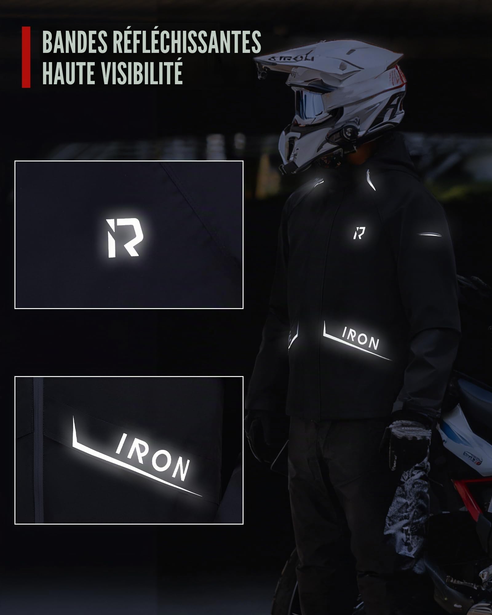 RIDEIRON Combinaison de Pluie Moto Homme Imperméable 15000 mm Capuche Amovible Bandes Réfléchissantes Noir