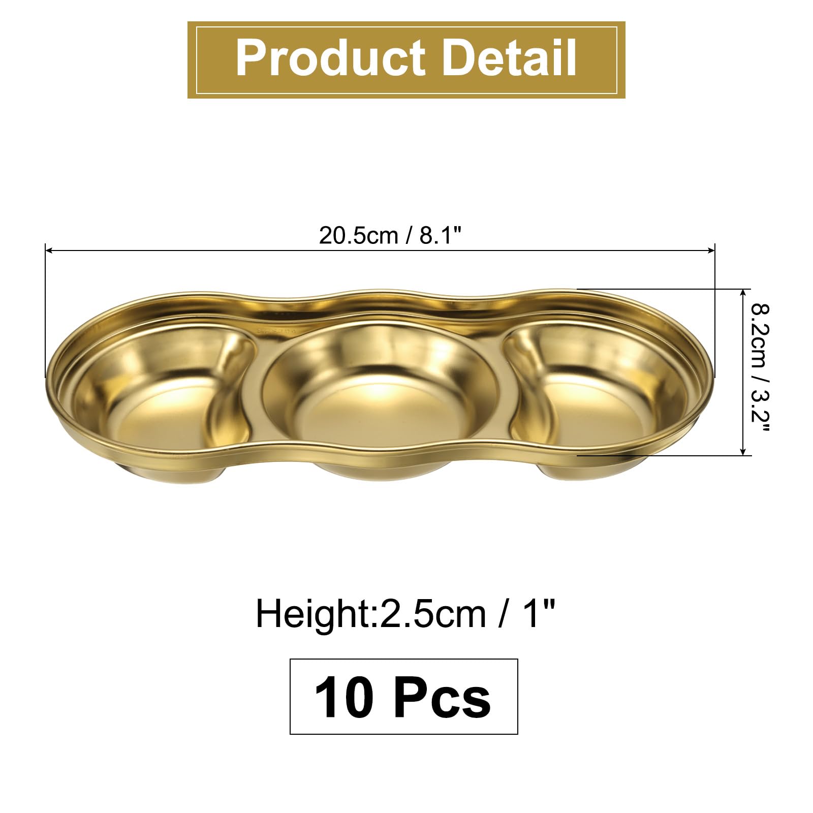 QUARKZMAN 10 Unidades De Cuencos Para Salsas De Acero Inoxidable Con 3 Compartimentos Redondos, Plato Para Condimentos Ideal Para Hogar Fiestas Restaurantes Picnic Viajes, Dorado