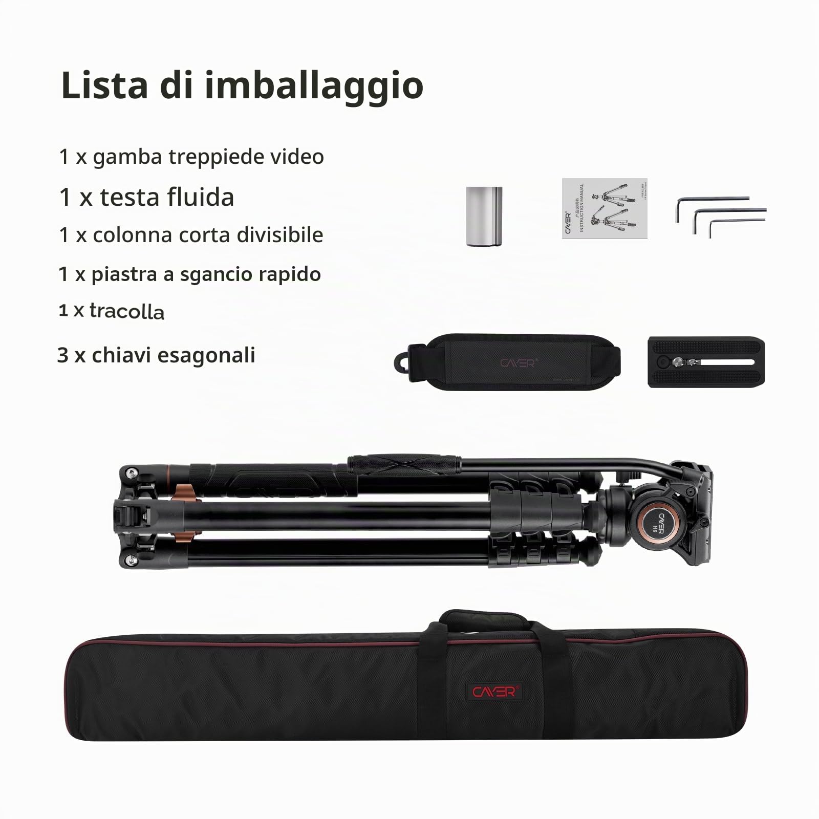 Cayer FP2450 Treppiede a testa fluida, treppiede video in alluminio da 75 pollici, treppiede per fotocamera compatto a 4 sezioni convertibile in monopiede per fotocamera DSLR