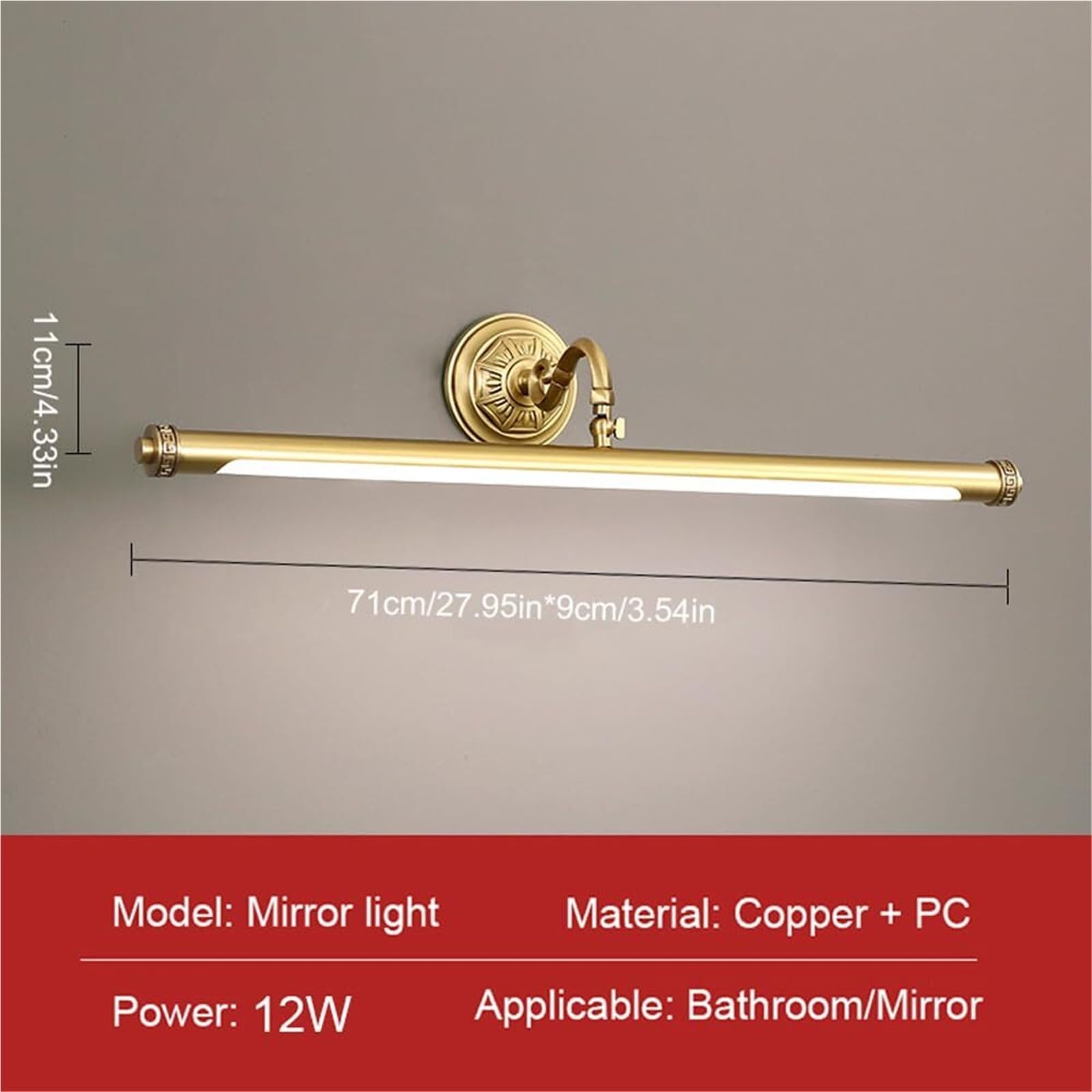 Lampa przednia ze złotym lustrem, obrotowe oświetlenie LED, mosiężna oprawa łazienkowa, regulowany kinkiet wewnętrzny 3000K/4000K/6000K do sypialni przy łóżku, salon z lustrem (71cm)