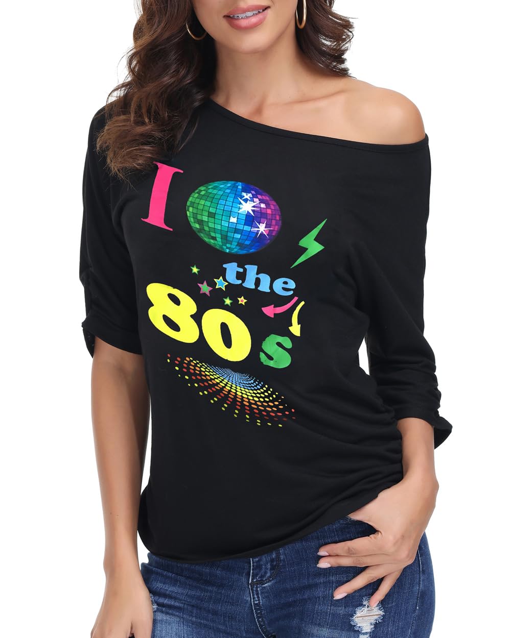 ELFIN Camiseta para Mujer de los años 80 Camisetas de Fiesta Sexy con Estampado de Labios con Hombros Descubiertos Manga Corta Verano bulsa Informal