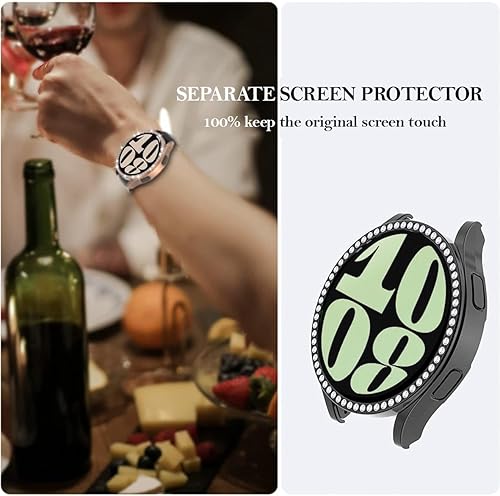 Miniatura 8 de ALMNVO Paquete de 4+4 fundas brillantes para Samsung Galaxy Watch 6 protector de pantalla de 1.732 in, vidrio templado con purpurina de diamante