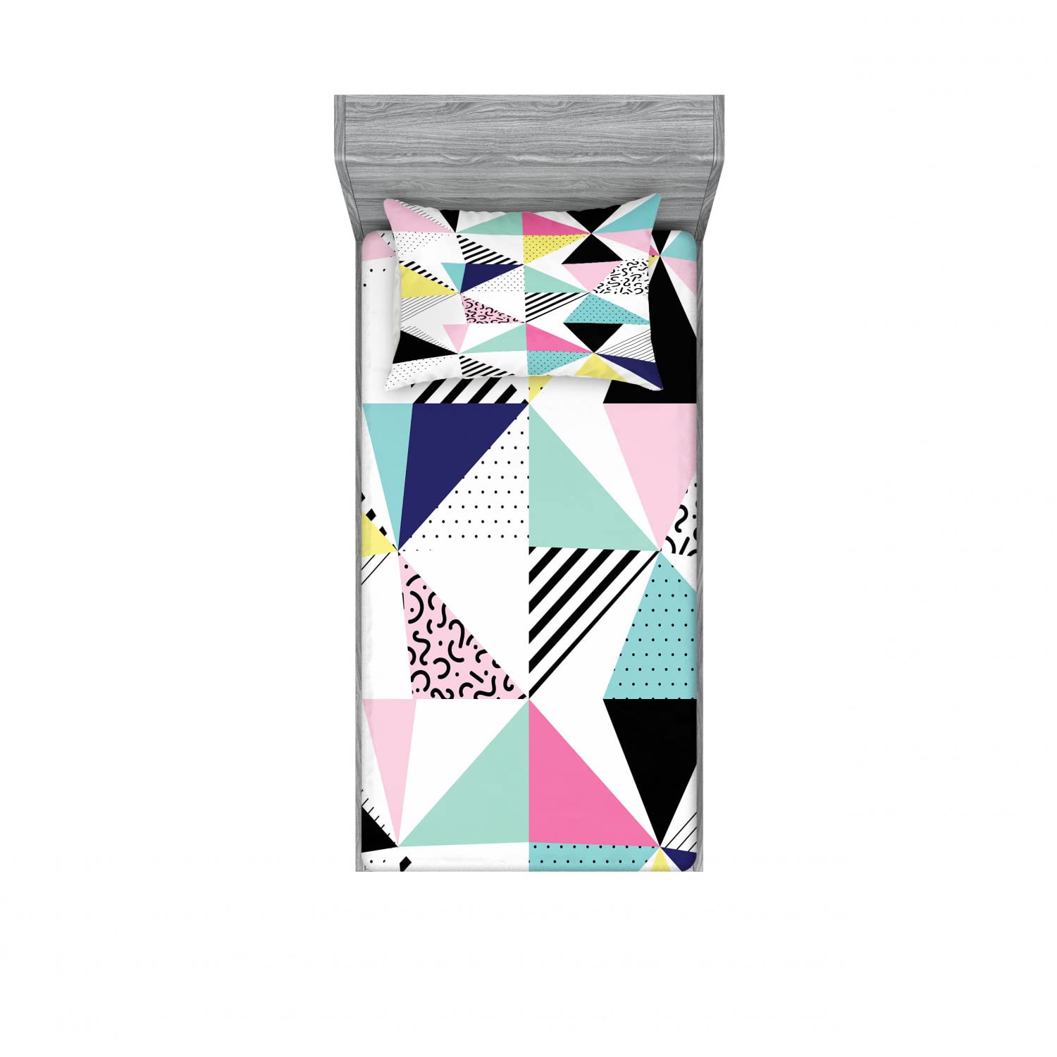 Ambesonne Eighties 2 Pack Fitted Sheet & Pillow Sham Set, Memphis Geometrical Funky, 4 Pcs Bedding Decor, Package Contains 2 Twin Size Fitted Sheets & 2 Pillow Covers, Multicolor