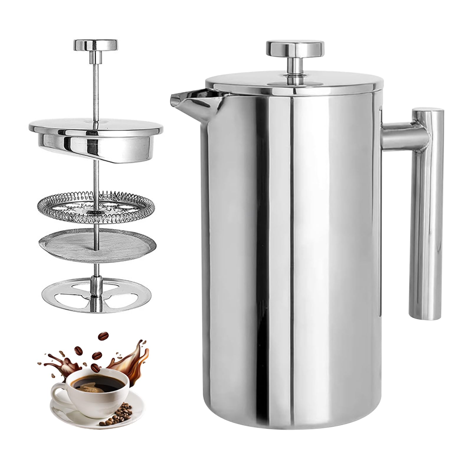 HLGND 600ml Stainless Steel Double wall Heat Resistant Coffee Press with Double Walled Insulation. Features 3-level Filter System, Ideal for Home/Office Use. Includes Coffee Accessories Set.