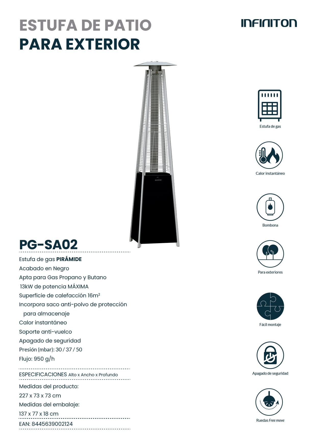 INFINITON PG-SA02 - Estufa de gas, Negra, Pirámide, 227cm, 13kW, Propano o Butano, Uso exterior