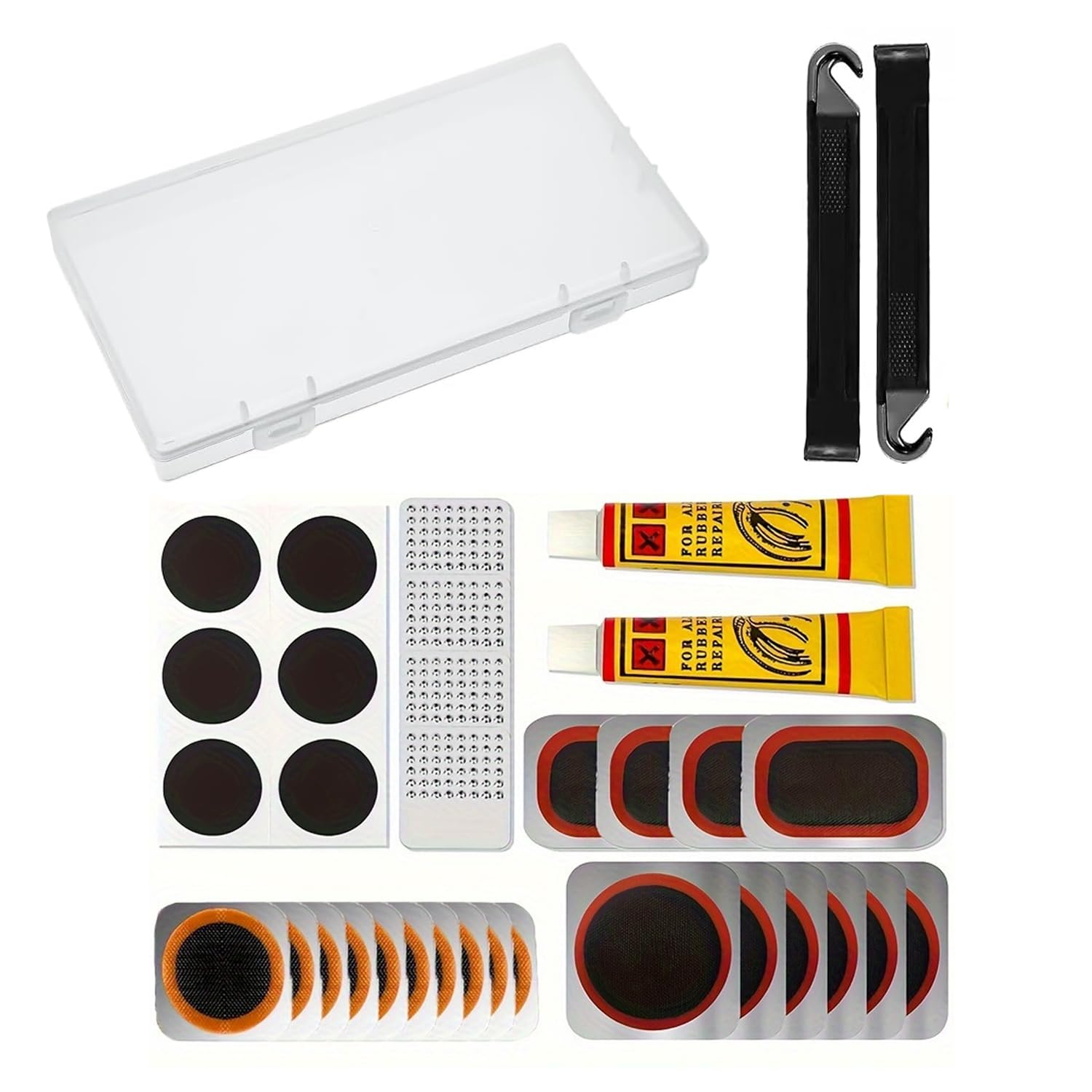 SplendoRoute Bike Tire Repair Kit,Bicycle Inner Tube Repair Kit with 26 Glueless Patch Kits, 2 Tire Levers, 4 Metal Rasps, Inner Tube Patch Kit Suitable for MTB BMX Road Mountain Bike