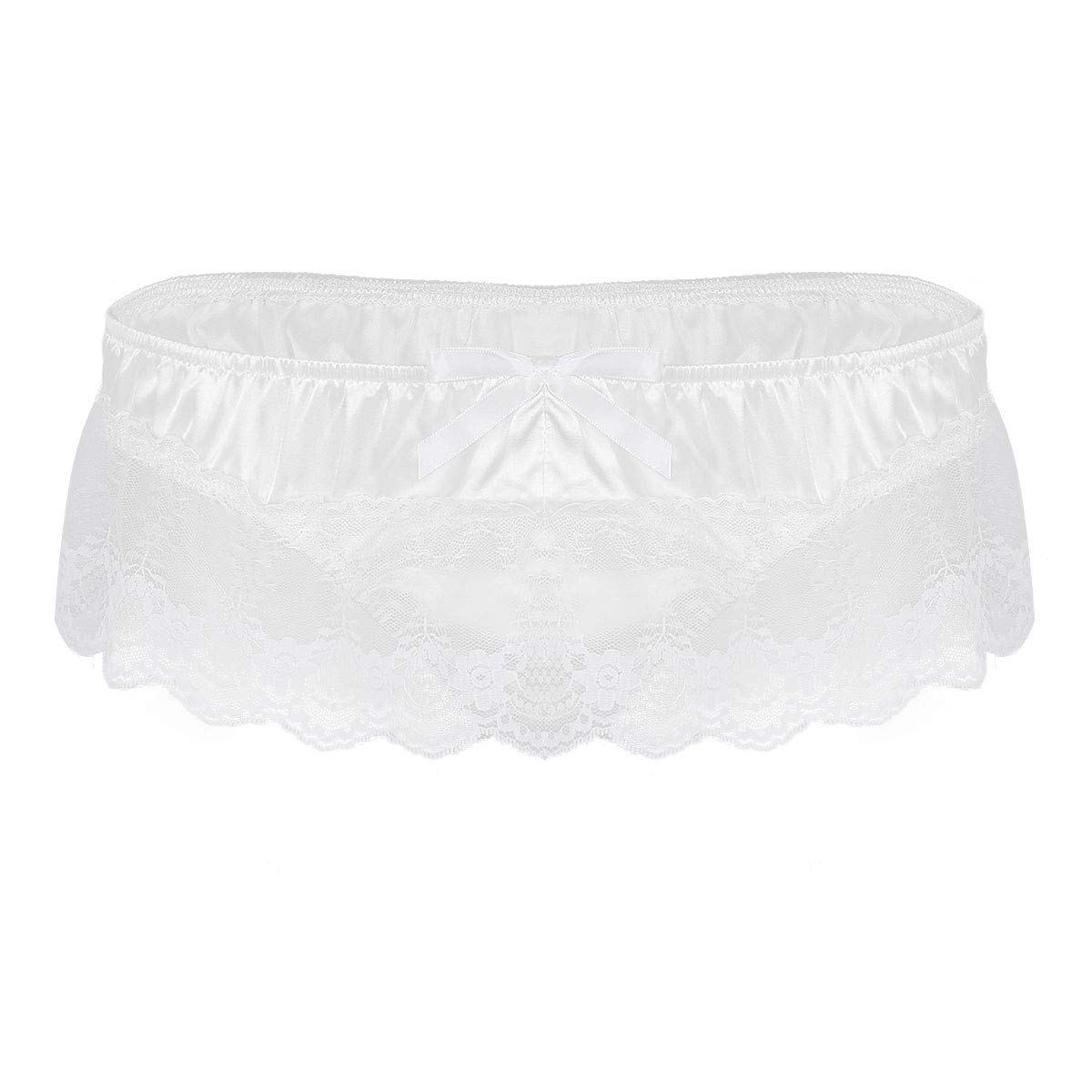 dPois Mens Sexy Shiny Satin Ruffled Frilly Floral Lace Bloomers G-String Thongs Sissy Maid Skirted Mini Jockstrap Panties