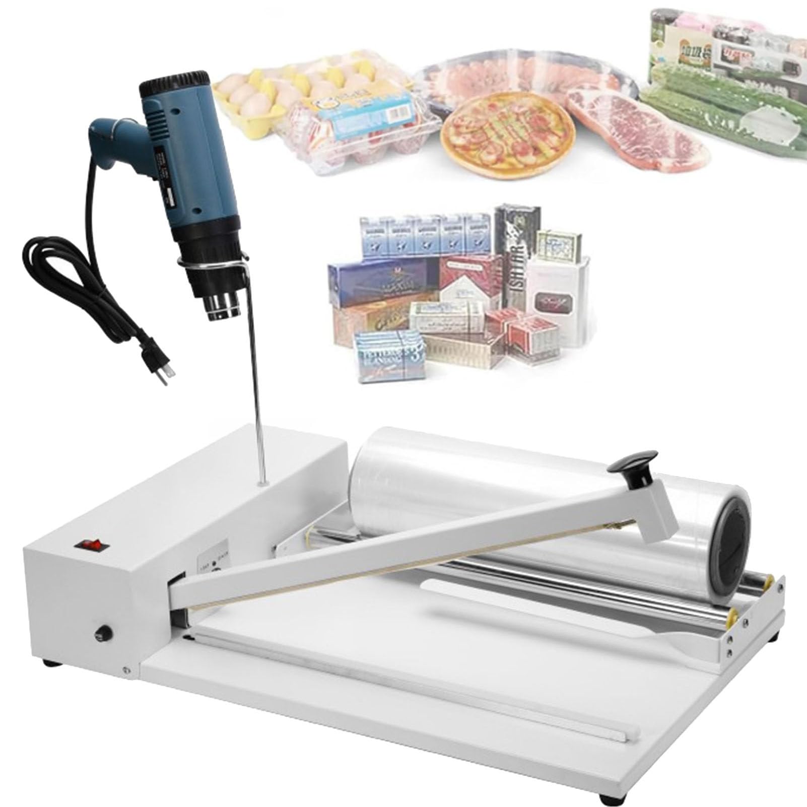 Machine d'emballage rétractable avec pistolet thermique et scellant, haute température de 300 à 520 °C, compatible avec les films PVC POF PP PE, idéale pour l'emballage et le scellage