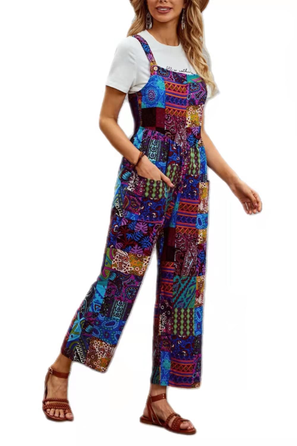 MZSYLK Women's Overall Dungarees Vintage Floral Printed Baggy Jumpsuit Romper Cotton Linen Sleeveless Casual Playsuit Trousers with Pockets