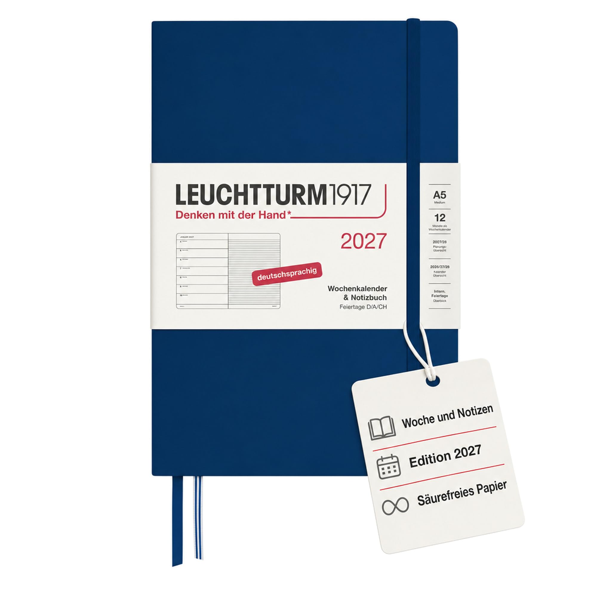 LEUCHTTURM1917 Weekly Calendar for 2027, Medium (A5) with Notebook - Schedule in German, Navy, January-December 2027, Week Overview on the Left + Notes Page — image 1