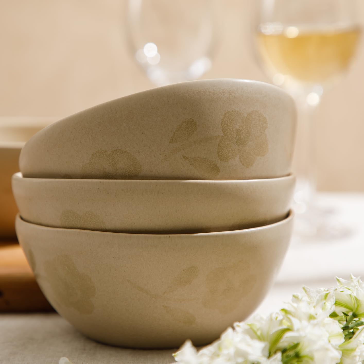 Bloomhouse - 2 Time Oprah's Favorite Things - Made in Portugal Hand Painted 6.4 Inch Cereal Bowls Set of 4 - Porto Petals Floral Soup Bowl Set - Lilly Cream