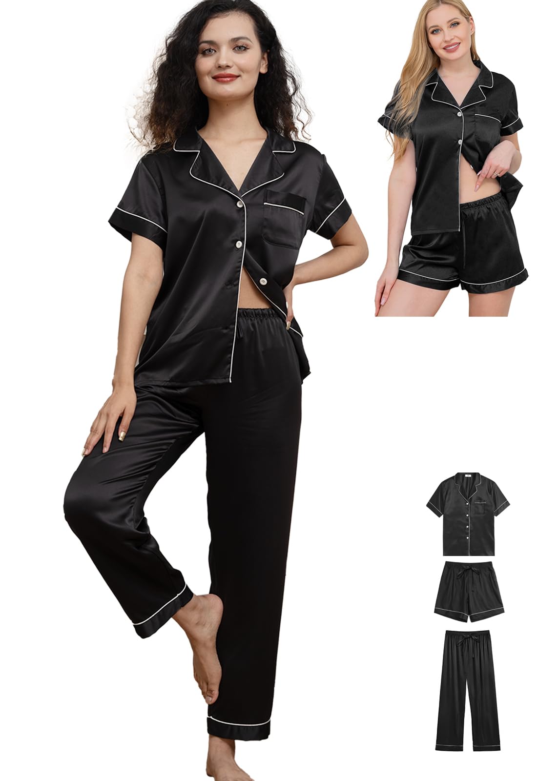 WJing Yi Jia Womens Pajama Sets 3Pcs Silk Satin Pajamas Set XS-2XL Sleepwear Silky Pj Sets Nightwear Pjs Loungewear