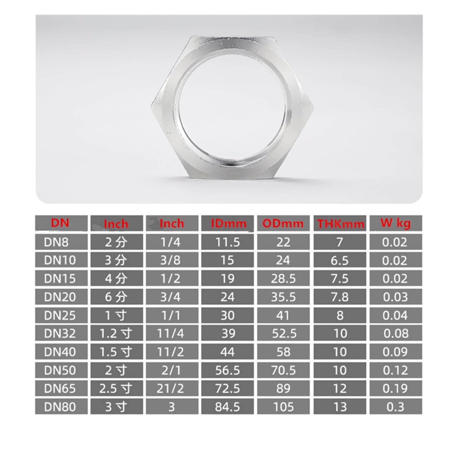 Tuerca, 10 Piezas, Rosca Hembra NPT de 1/4", Tuerca Seguridad Hexagonal, Accesorio for tubería Acero Inoxidable 304, Delgada