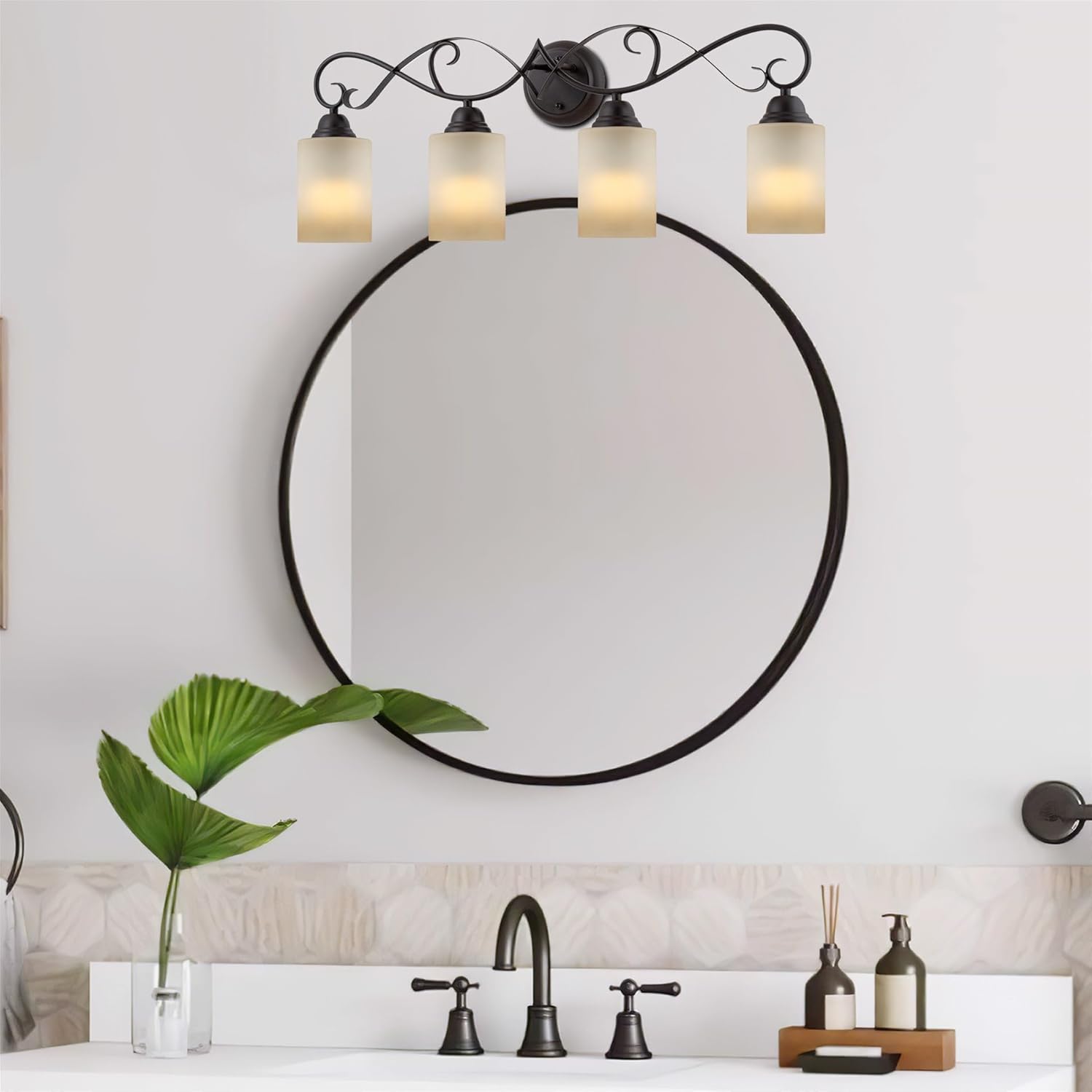 Kira Home Villa 31" Traditional 4-Light Vanity/Bathroom Light + Amber Frosted Glass Shades, Oil Rubbed Bronze Finish