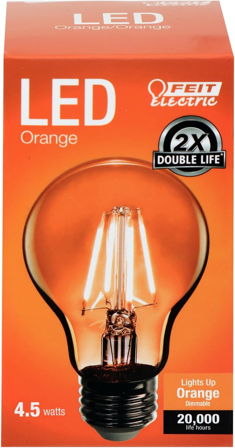 Feit Electric A19/TO/LED/6 25W Equivalent Dimmable Clear Glass Filament Colored LED Light Bulbs, Orange, 6-Pack, 2.4" D x 4" H