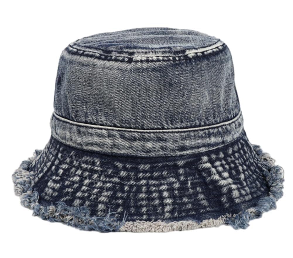 Chapeau seau en denim bleu foncé pour femme avec grand bord effiloché style rétro