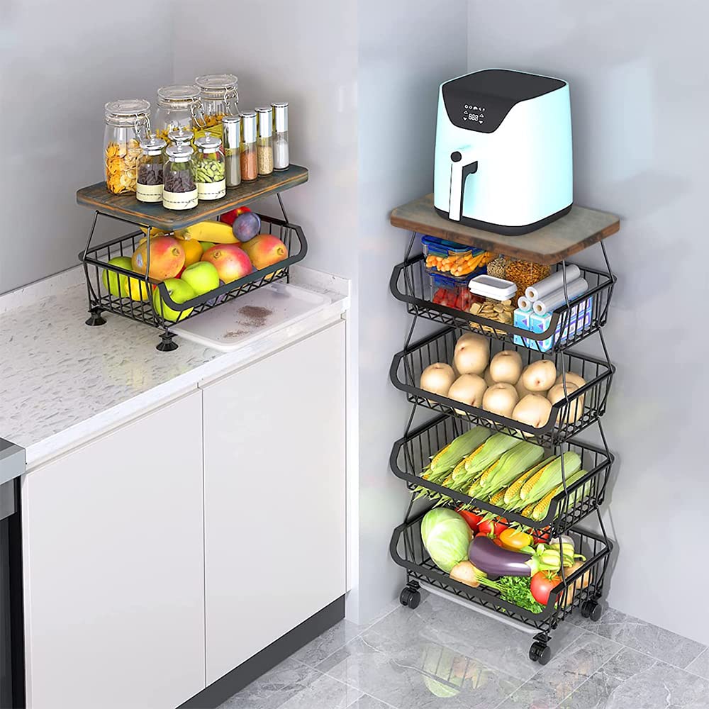 homewell 4-stufiger Gemüsekorb Obstkorb aus Kohlenstoffstahl, für Brot, Gemüse, Snacks und Obst, Platzsparendes Küchenregal mit Rollen