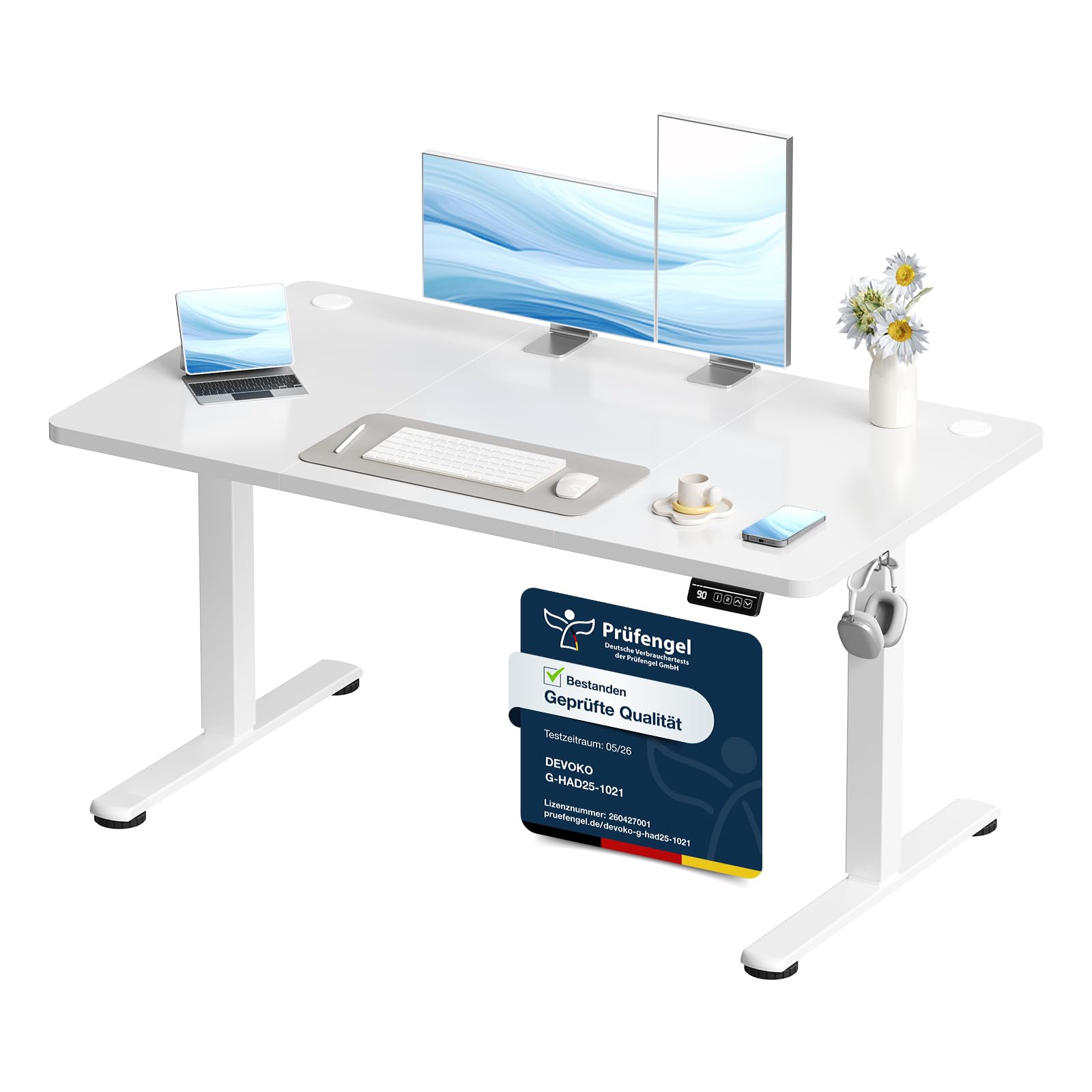 Bureau Assis Debout Électrique 120x60 cm - Réglable en Hauteur Motorisé avec 2 Mémoires - Blanc