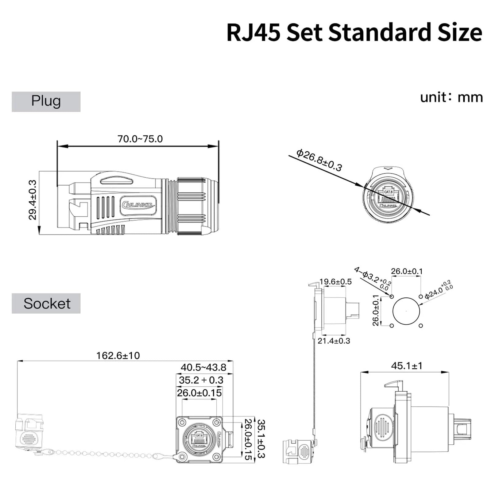 1 connecteur RJ45 avec boîtier métallique, adaptateur Ethernet, panneau 8P8C étanche, coupleur de câble réseau, connecteur LAN pour câble Ethernet (Socket)