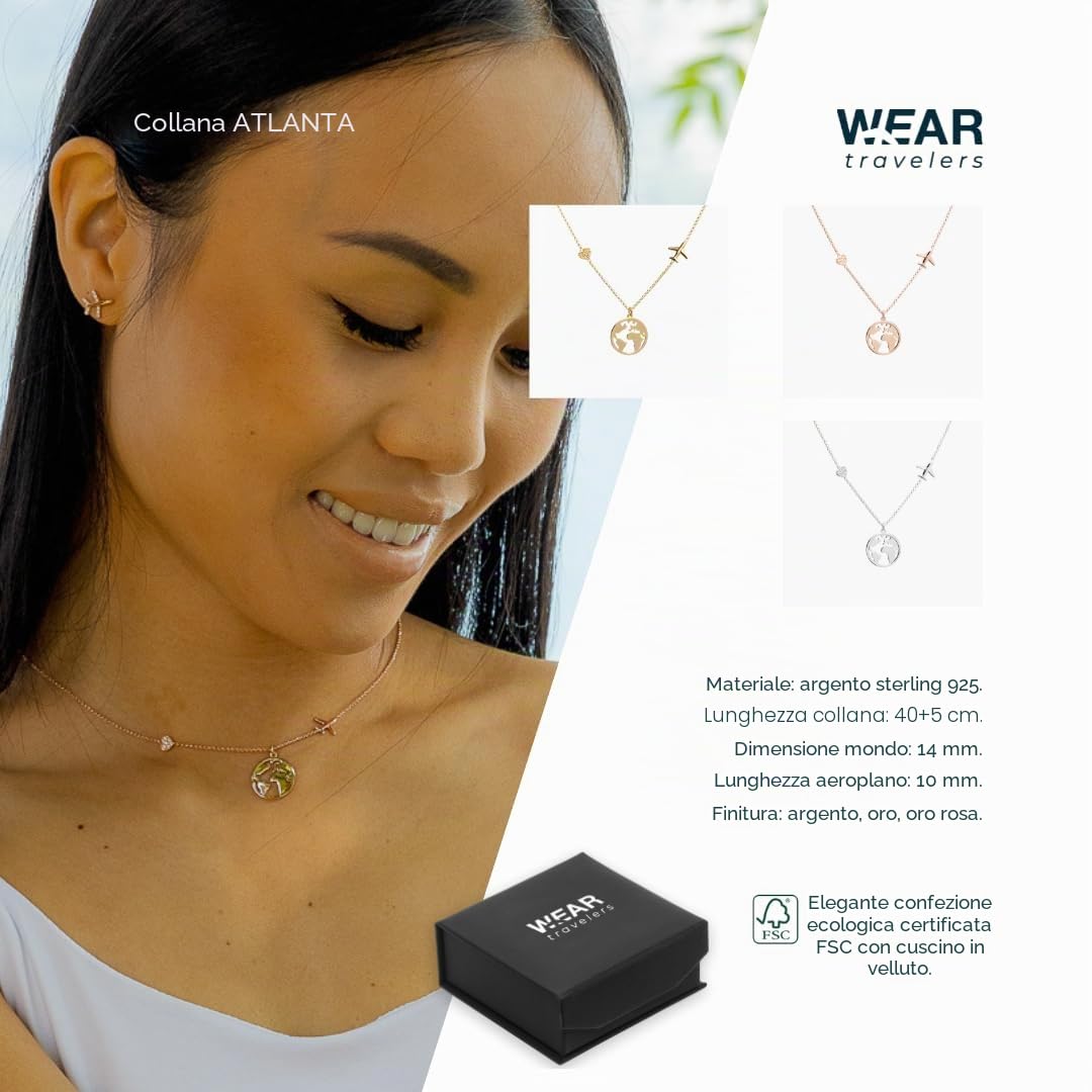 WearTravelers Collana Mappa del Mondo con Aereo e piccolo cuore luminoso in Argento 925 - Idea Regalo per Donna Viaggiatrice - Prodotto Made in Italy - Modello Atlanta