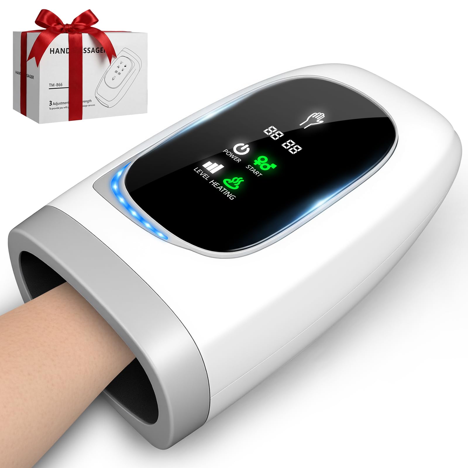 Handmassagegerät mit Wärme und Kompression, Elektrisches Handmassagegerät mit 3-Zonen-Drucksystem & 360° Wärme, NTC Temperaturregelung, Hand Massager für Zuhause, Geschenk für Frauen und Männer