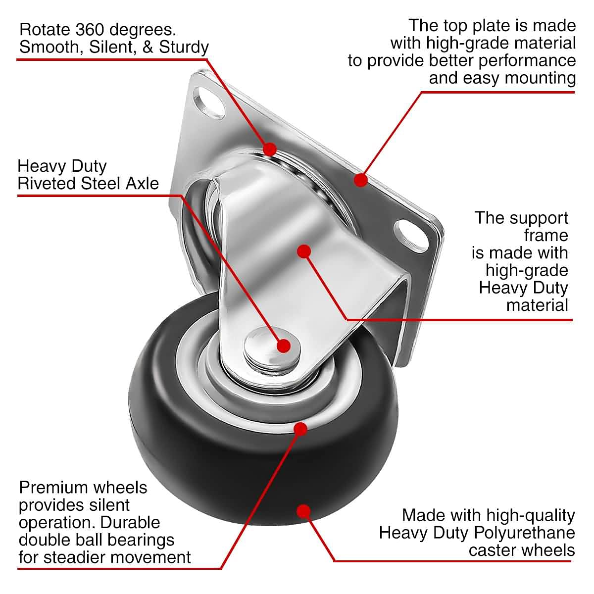 Online Best Service 4 Pack Caster Wheels Swivel Plate Casters On Black Polyurethane Wheels (3 inch Plate)