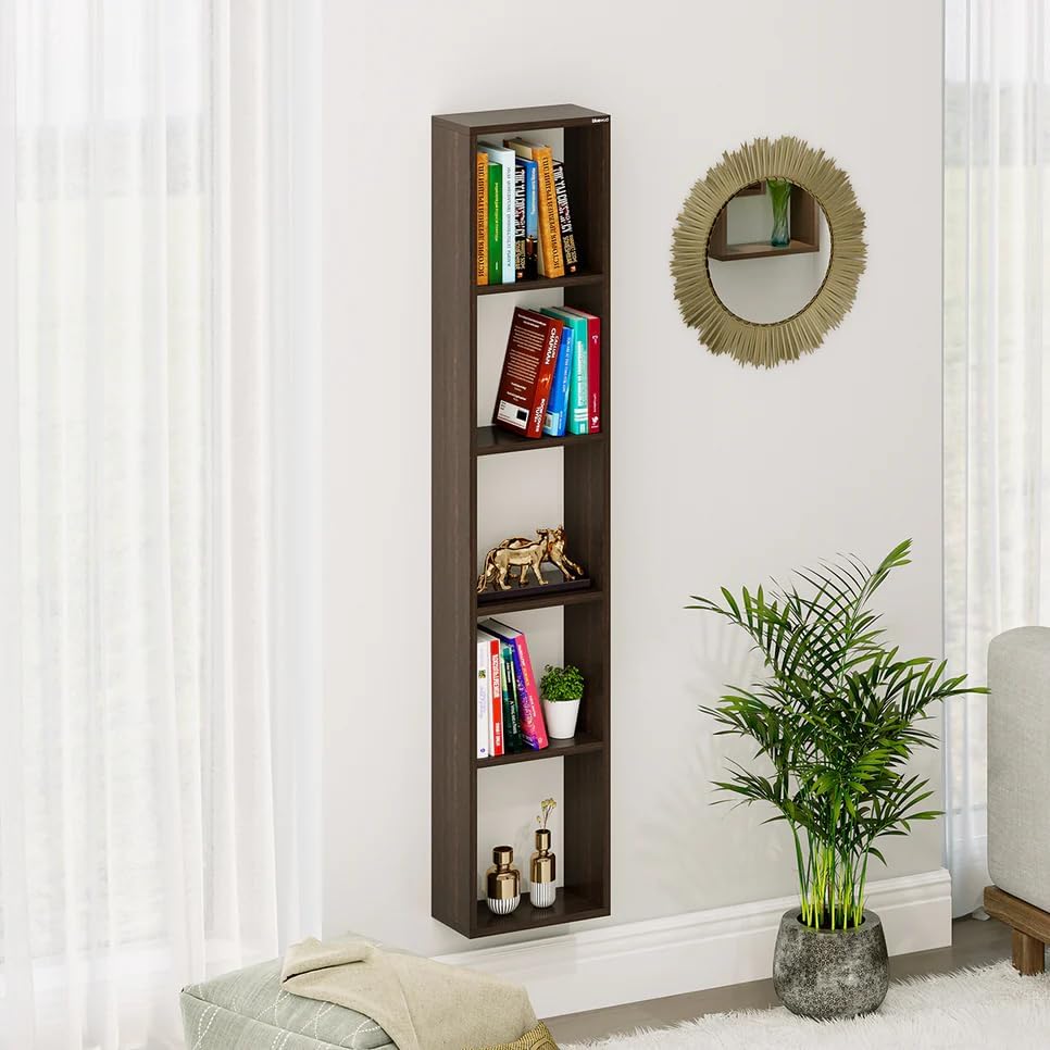 Image of Furniture Cafe Wooden Wall Mounted 5-Tier Vertical Bookshelf - Slim Storage & Display Rack for Living Room, Bedroom, Office (Brown)