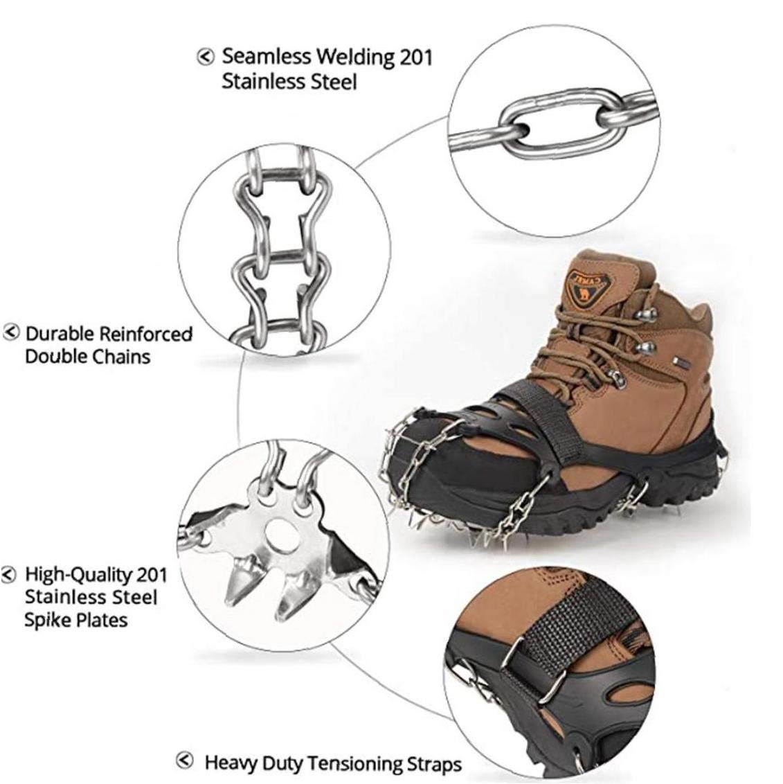 Traction Cleats Steigeisen, Ice Snow Grips für Schuhe mit 23 Edelstahlspikes zum Gehen, Joggen, Klettern, Wandern auf Schnee und Ice XL Black