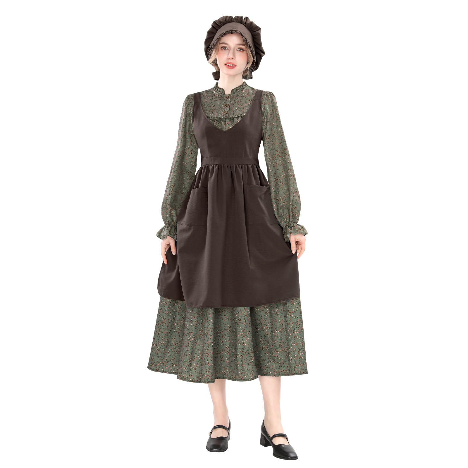 NSPSTT Prairie Dress Women Amish Costume Green Floral Pioneer Dress with Apron 3 Pcs Set,Size XL