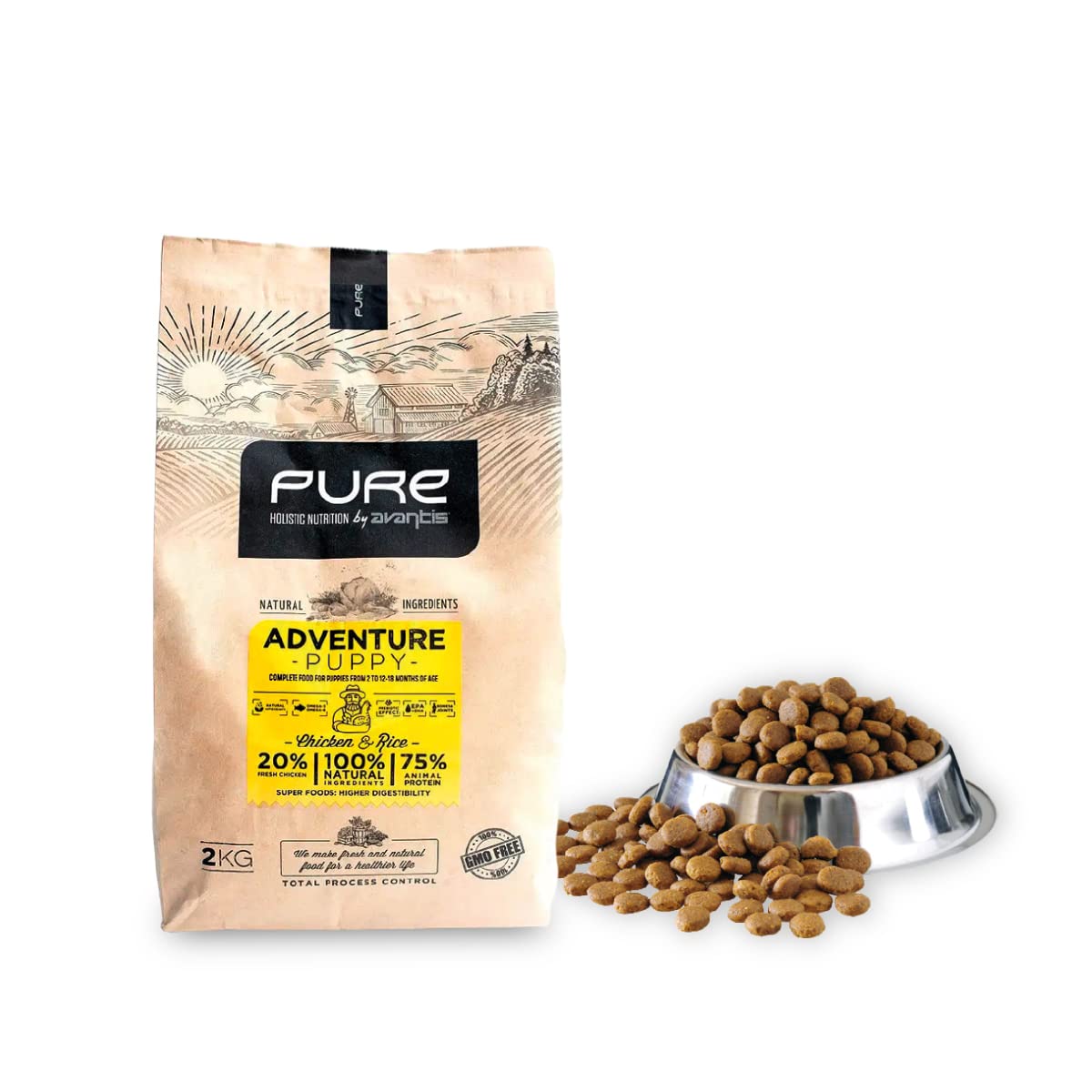 Pienso para Perros Cachorros de Cualquier Raza - 2 kg - Comida Apta para Madres Embarazadas y Lactantes - Altamente Digestiva con Pollo y Arroz - Avantis Pet Pure Adventure Puppy