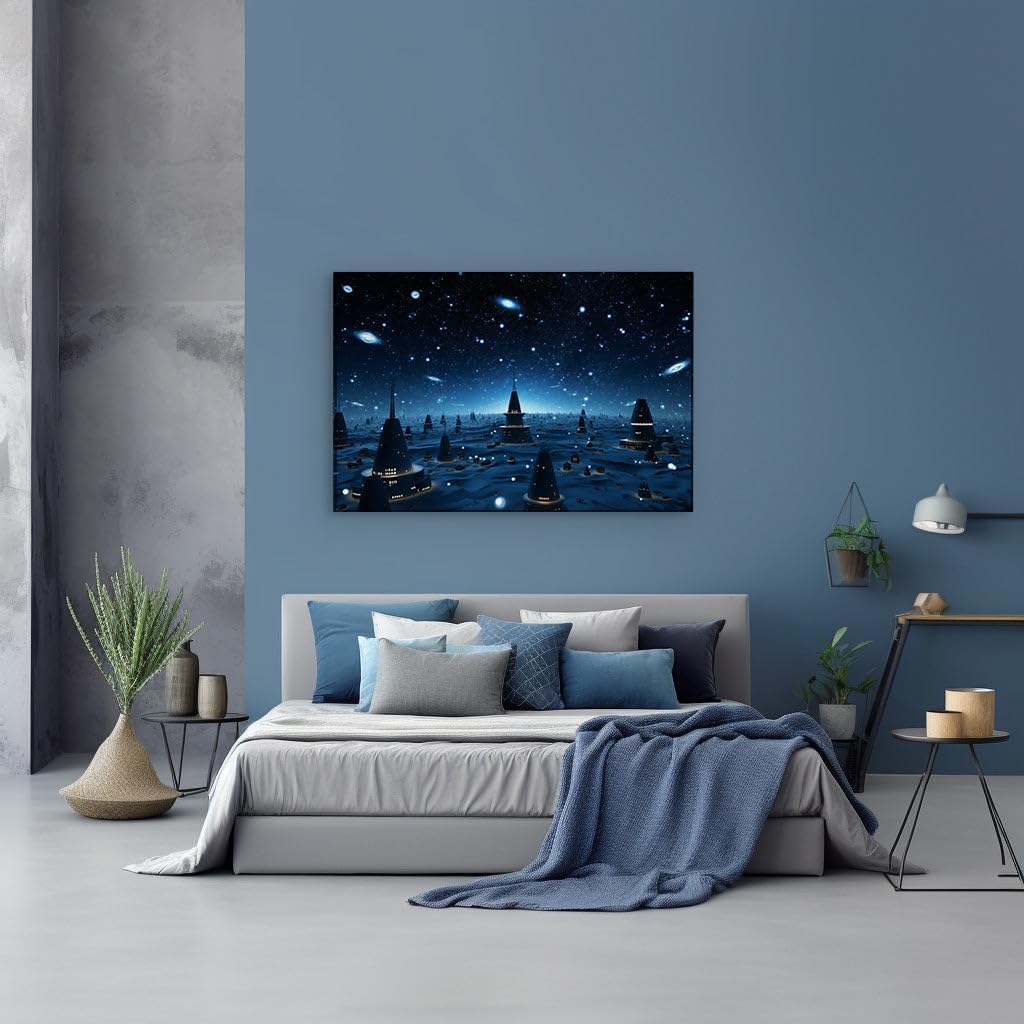 Canvas for Living room. Stargazing in the City of Pyramids: A Nighttime Odyssey Through an Alien Metropolis, 27 x 18 inch Canvas Wall Art - Modern Home Decor