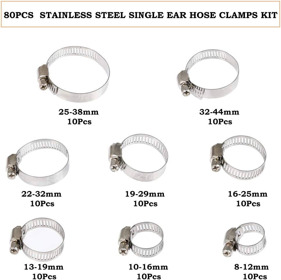 FOCCTS 80 Pcs Hose Clips Adjustable 8-44mm Range 304 Stainless Steel Worm Drive Clamps Pipe Clips Assortment Kit Fuel Line Clamp for Plumbing Automotive and Mechanical Applications - Image 3