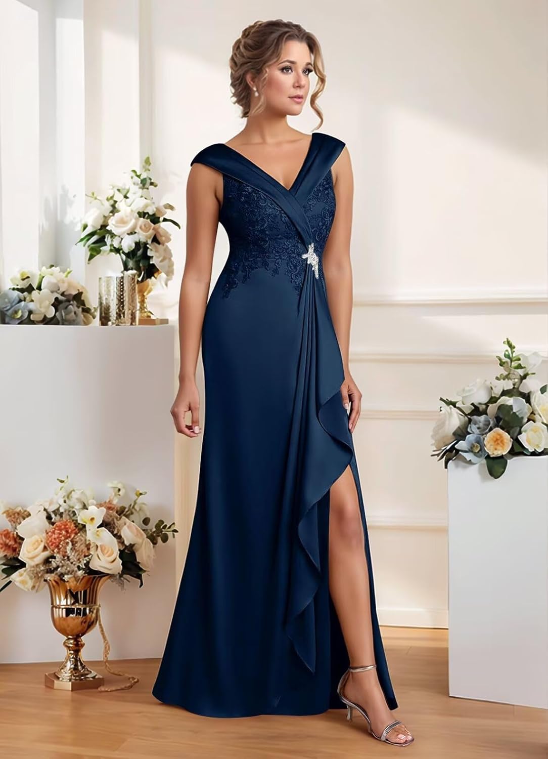 cantcauli V Neck Mother of The Bride Dress for Wedding Satin Lace Appliques Ruffles Mother of The Groom Dress CT172