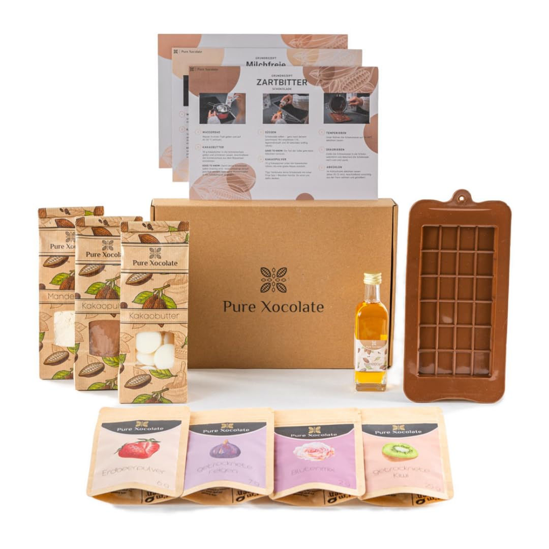 Pure Xocolate DIY-Schoko-Kit - Set zum Schokolade selber machen - Vegane, laktosefreie Alternative - Schokoladen-Geschenkideen für Kinder, Frauen & Männer - inkl. Silikonform und Rezepten