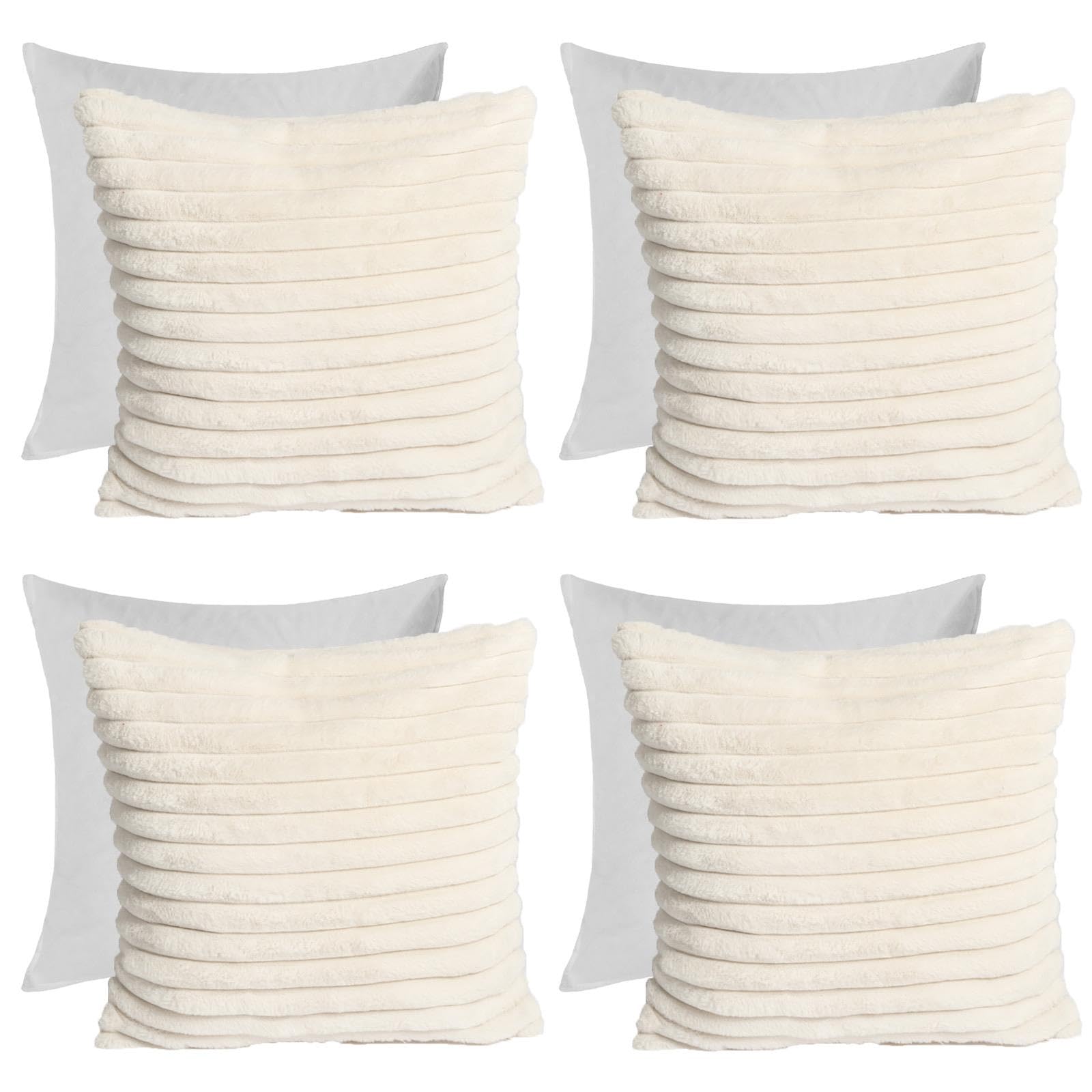 Ohs Natural Faux Fur Cushions With Covers Included Thick Ribbed, Sofa Cushion Inners With Covers Living Room Thick Soft Comfy Decorative Throw Pillow Sofa Set, Pack Of 4